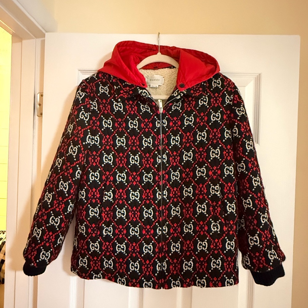 Gucci GG Logo Quilted Red & Black Zip Hooded Jacket